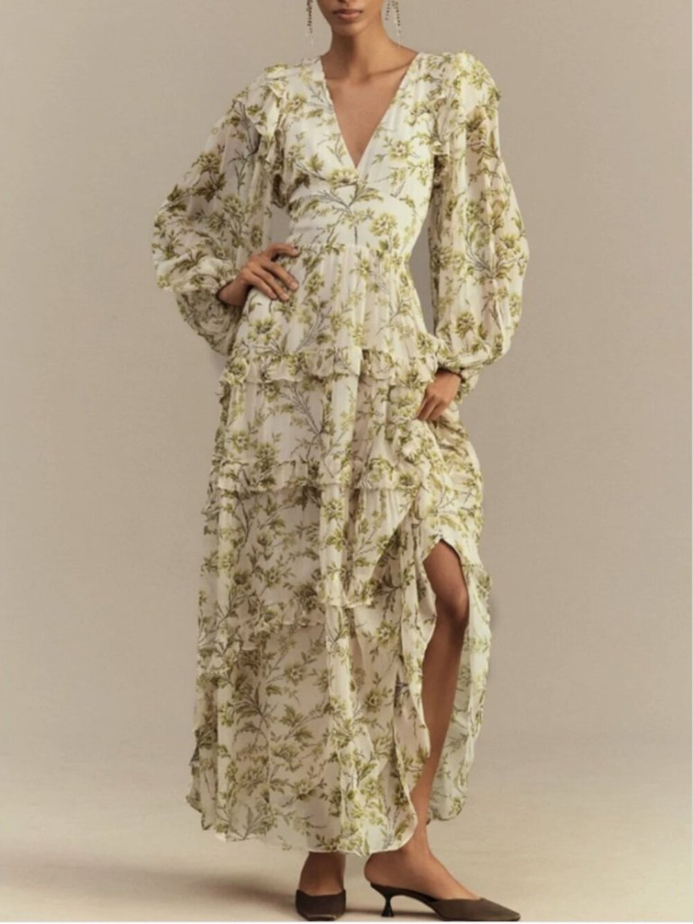Anthropologie BHLDN Liana Printed V-Neck Long-Sleeve Maxi Dress size M